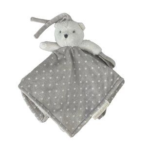 Blankets & Beyond Teddy Bear Grey White Polka Dot Lovey Blanket Pacifier Holder